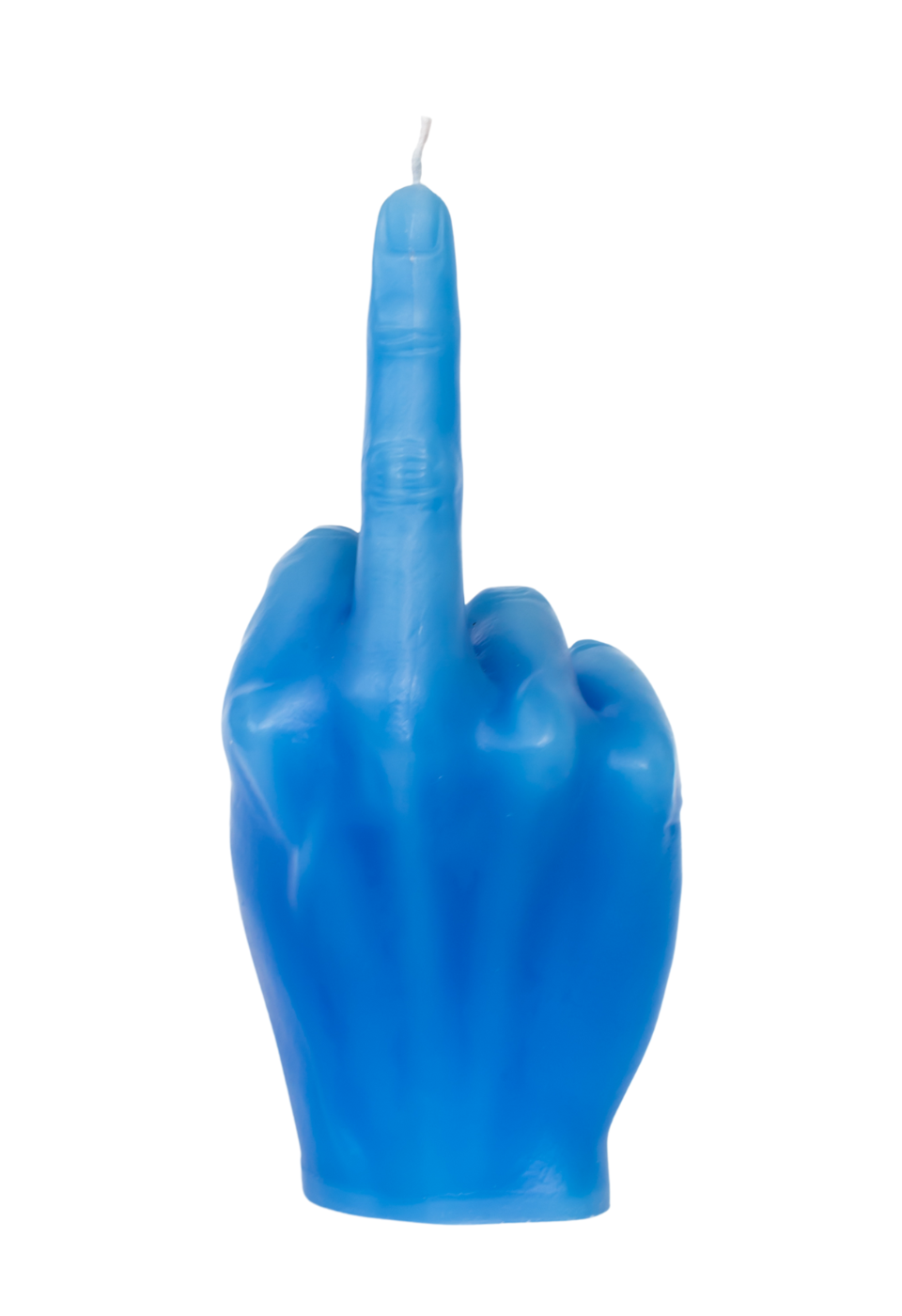 Blue candle shaped like a hand with a middle finger on a white background