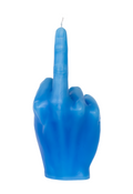 Blue candle shaped like a hand with a middle finger on a white background